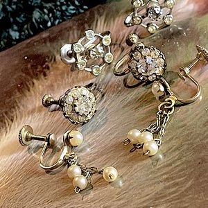 Lot of 3 pairs vtg earrings screwback: rhinestones/pearls/crystals No flaws